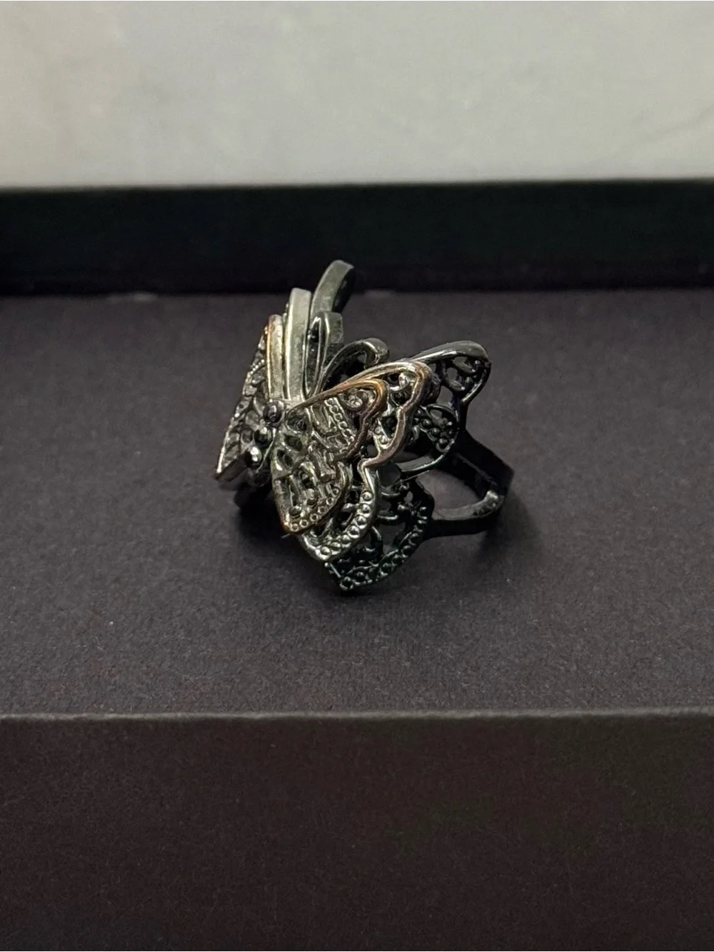 Vintage Inspired Multi Color Metal Butterfly Ring wt Black Faux Gems Size 7.5